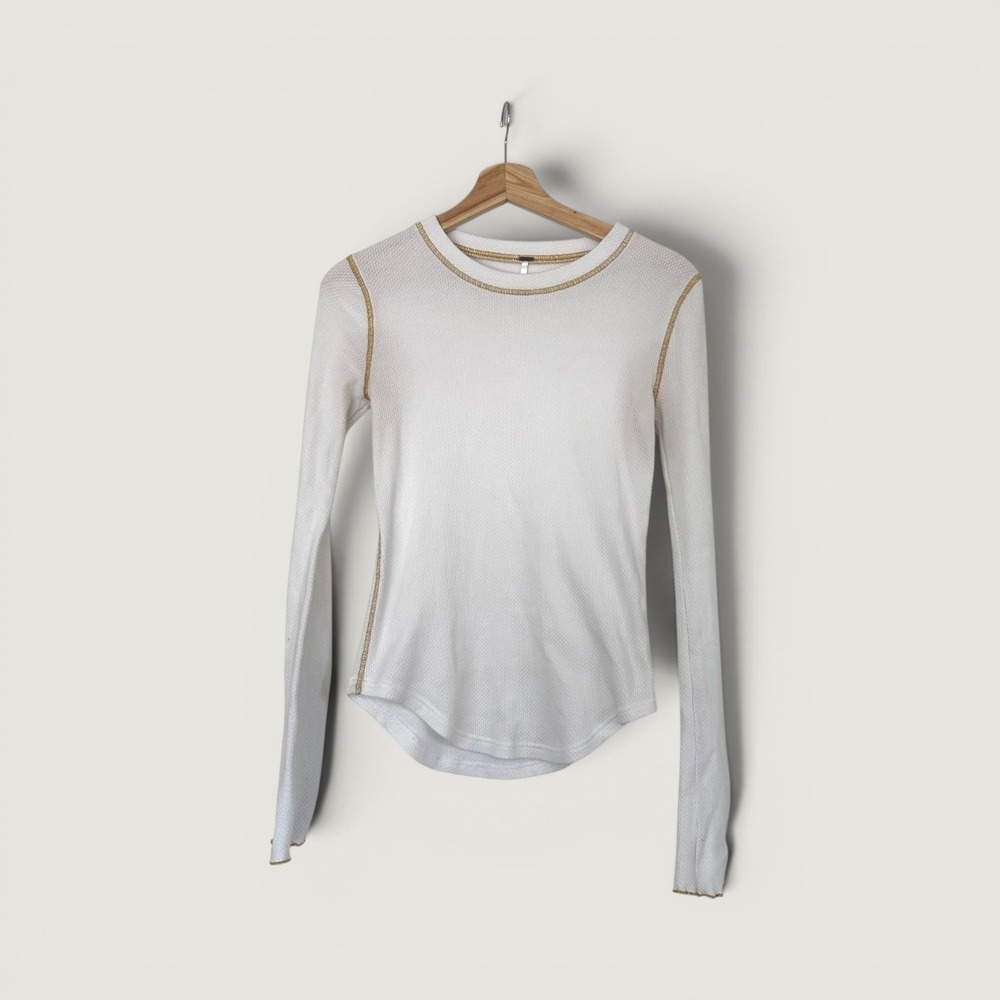 Free People Women's Cream Waffle Knit Long Sleeve Shirt Size Large Boho